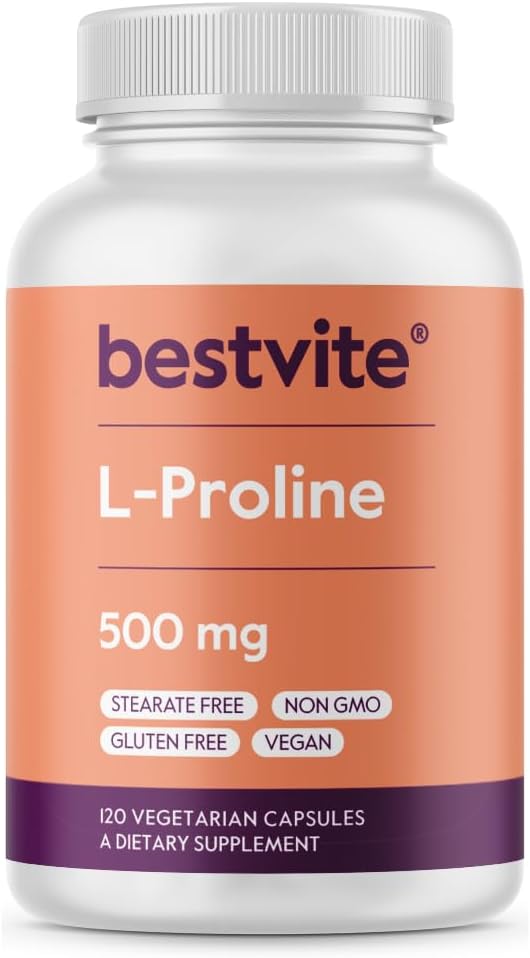 BESTVITE L-Proline 500mg (120 cápsulas vegetarianas) - No Stearates - No Fillers - Vegan - Gluten Gratis - No GMO