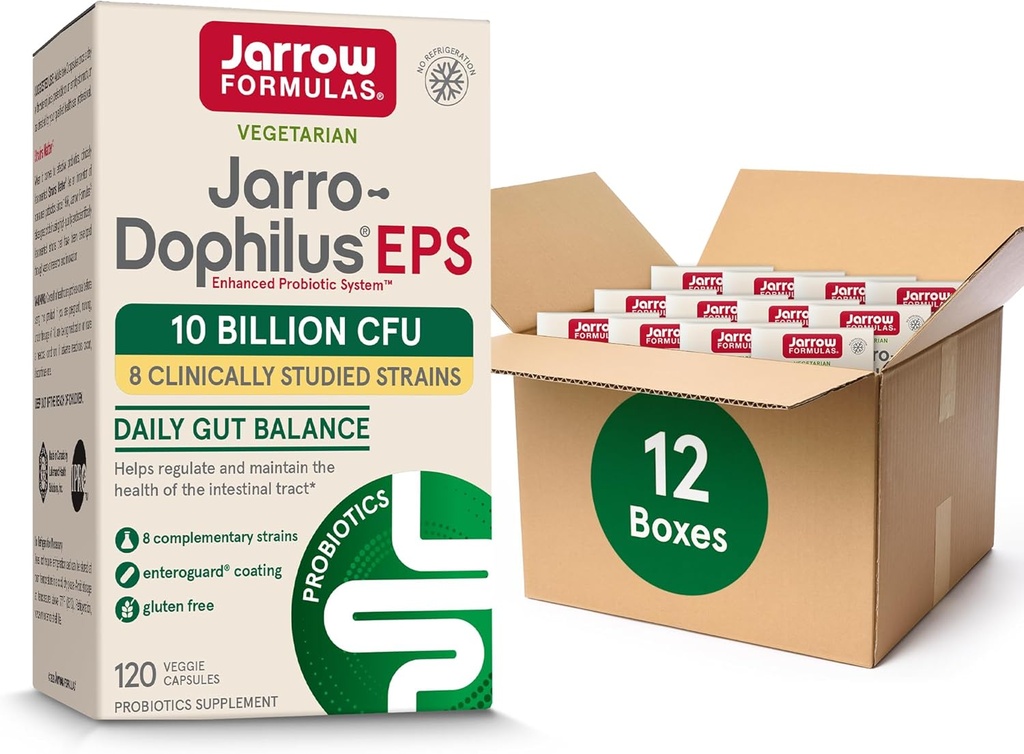 Jarrow Formulas Jarro-Dophilus EPS Probióticos 10 Billones CFU para el apoyo intestinal, Suplemento Probiótico para la Salud Gut para Mujeres y Hombres, 120 cápsulas vegetarianas, hasta un suministro de 60 días,Pack de 12