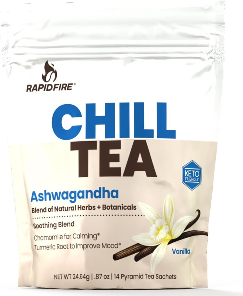 Chill Tea, Soothing Blend, promueve la relajación, con Ashwagandha, Chamomile, Turmeric, Stress Relief Tea, Caffeine Gratis, 14 Tea Bags, 14 Servings