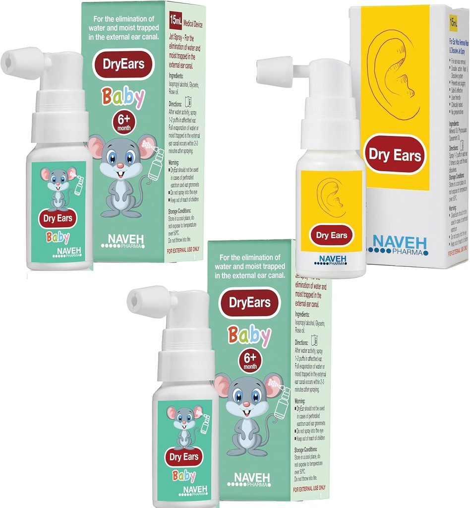 NAVEH PHARMA (2 Unidades de Orejas Secas Bebé 0,5 oz + 1 Unidades Oreja Seca 1 oz) - Tornillos Tirantes de Oído - Tirantes de Oído de Oído para Vidente Adultos y Niños/Remove Agua Trapped en los oídos y Prevenga, Infección,