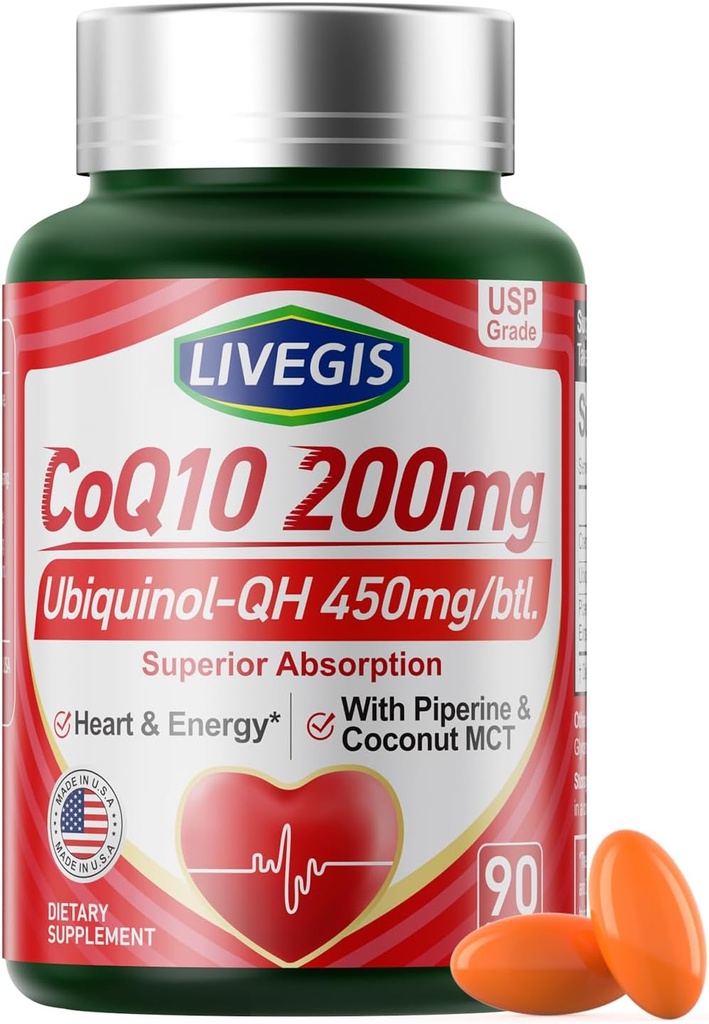CoQ10 200mg Softgels, Ultra CoQ10 Ubiquinone 200mgCon aceite de MCT de coco, 5X Absorción superior, Coenzima Q10 Suplemento para la salud cardíaca & energía - 90 Condes