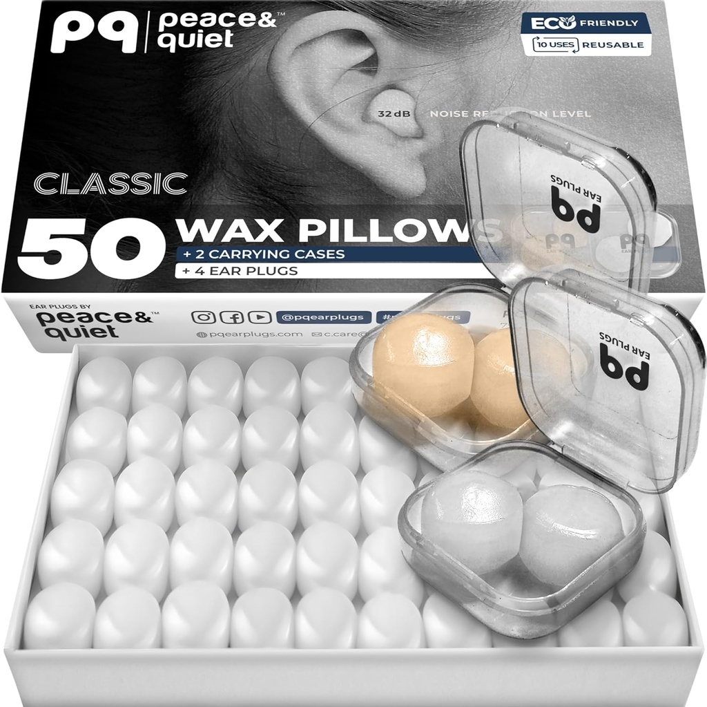 PQ Wax Ear Plugs para Dormir, Nadar - 50 ruido Cancelar Silicona Gel Wax Earplugs, Protección del oído para el sueño y el muslo, Soft Wax Pillows con Nivel de bloqueo de sonido 32Db, (50 Pillows), Color: Blanco