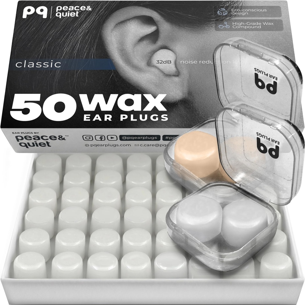PQ Wax Ear Plugs para Dormir, Nadar - 50 ruido Cancelar Silicona Gel Wax Earplugs, Protección del oído para el sueño y el muslo, Soft Wax Pillows con Nivel de bloqueo de sonido 32Db, (50 Pillows), Color: Blanco