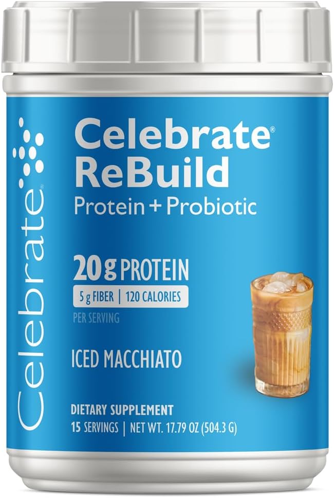 Celebrar vitaminas Rebuild pólvora de proteína con probióticos " Prebióticos - 20g Whey Isolate Proteína, fibra alta, para pacientes de cirugía post-bátrica - Macchiato Iced (15 Servimientos)