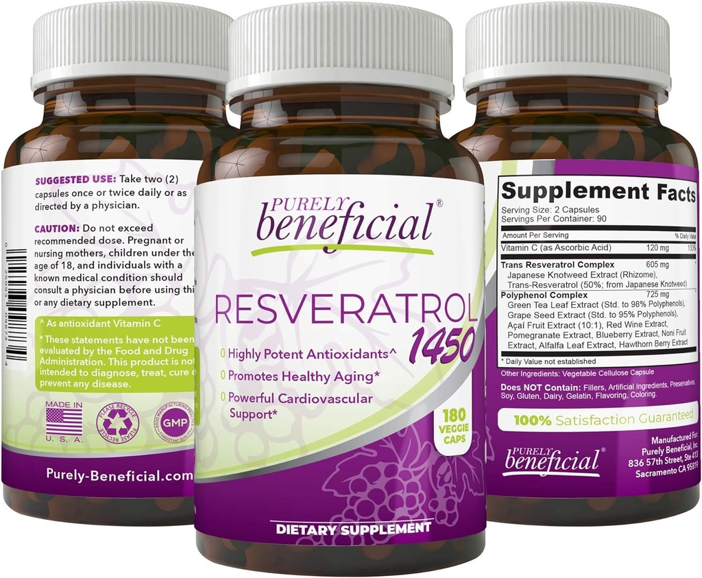 RESVERATROL 1450-90day Supply, 1450mg por Serving of Potent Antioxidants " Trans-Resveratrol, Promueve Anti-Aging, Cardiovascular Support, Maximum Benefits(1bottle)