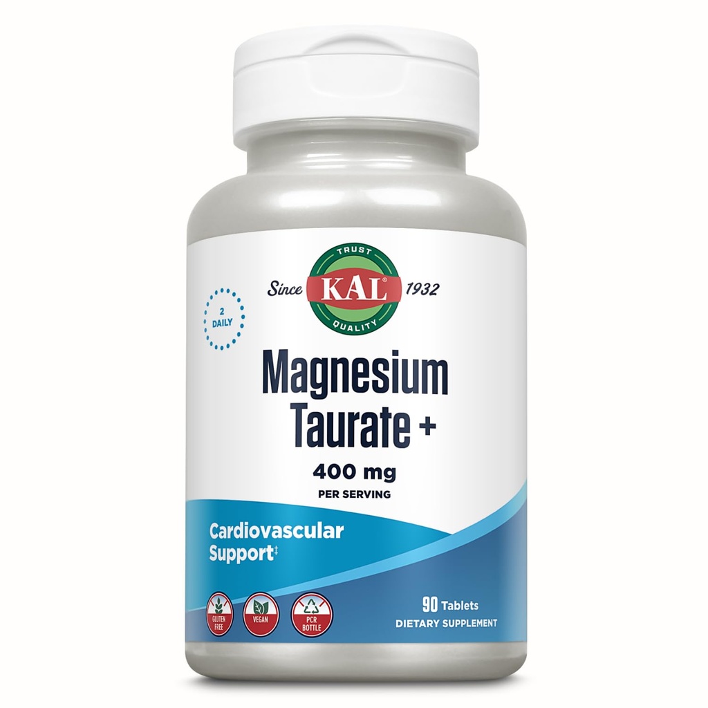 KAL Magnesium Taurate 400mg Plus CoEnzyme Vitamina B6, Suplemento de Magnesio Chelated, Función del Musculo Saludable, Nerve y Soporte de Salud del Corazón, Gluten Free, Vegan, Garantía de 60 días, 45 Serv, 90 Tablets