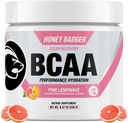 Honey Badger BCAA + EAA Amino Acids Powder, BCAAs + L-Glutamine, Keto, Vegan, Sugar Gratis para Hombres &amp; Mujeres, Hidratación &amp; Post Workout Muscle Recovery Mix, Pink Lemonade, 30 Servings
