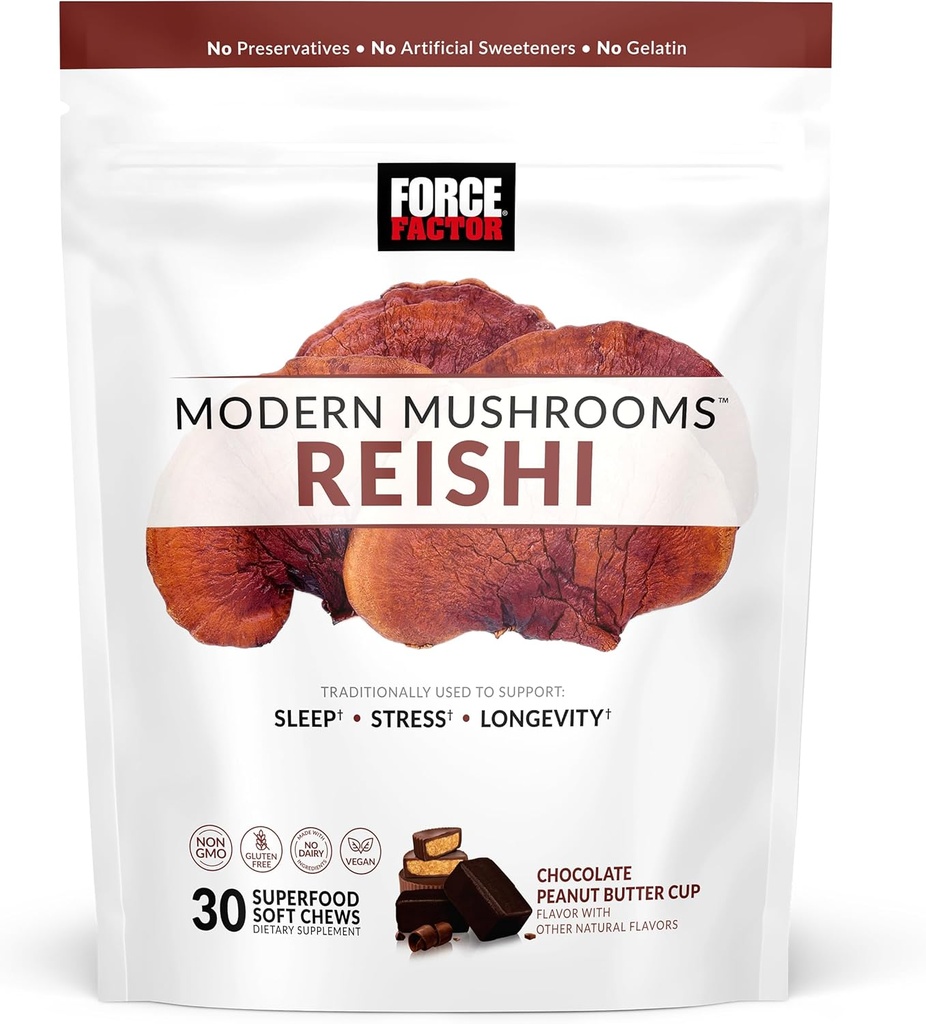 FORCE FACTOR Modern Mushrooms Soft Chews, Reishi Mushroom Suplemento para apoyar el sueño, Stress Relief, & Longevity, Antioxidants Suplemento, Delicious Chocolate Peanut Butter Cup Flavor, 30 Soft Chews