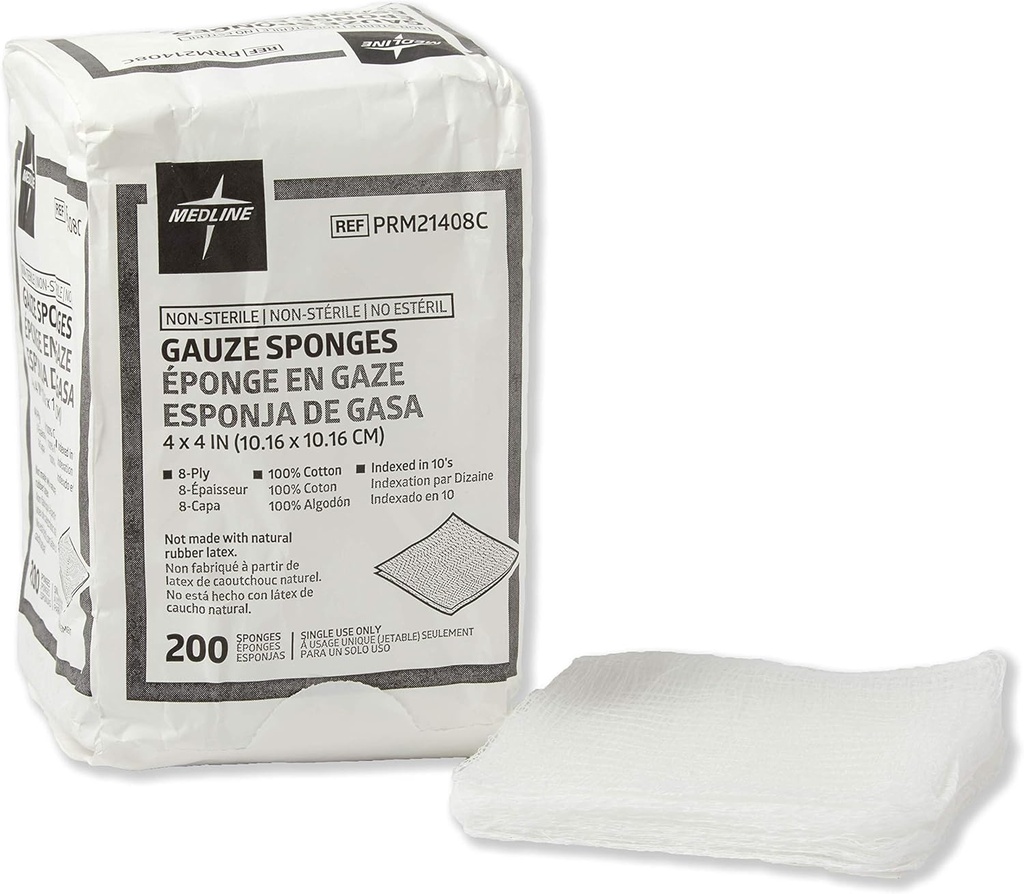 Esponjas de Gauze Medline Non-Sterile, 8 Ply, Ideal para Vestir y Limpiar Heridos, Caso de 4000