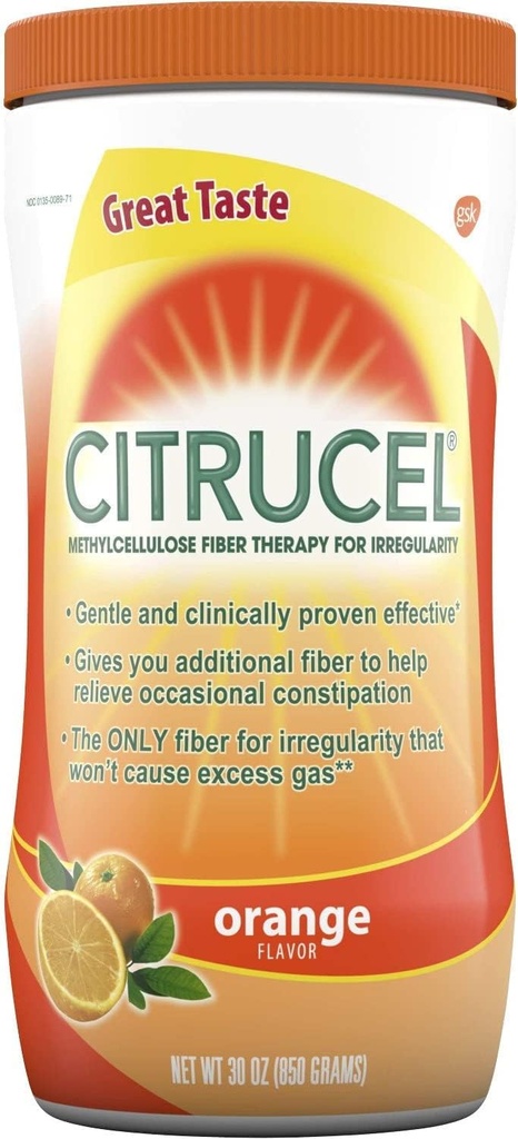 Citrucel - Terapia de fibra para la regularidad, metilcelulosa, sabor a naranja - 30 oz, Pack de 4