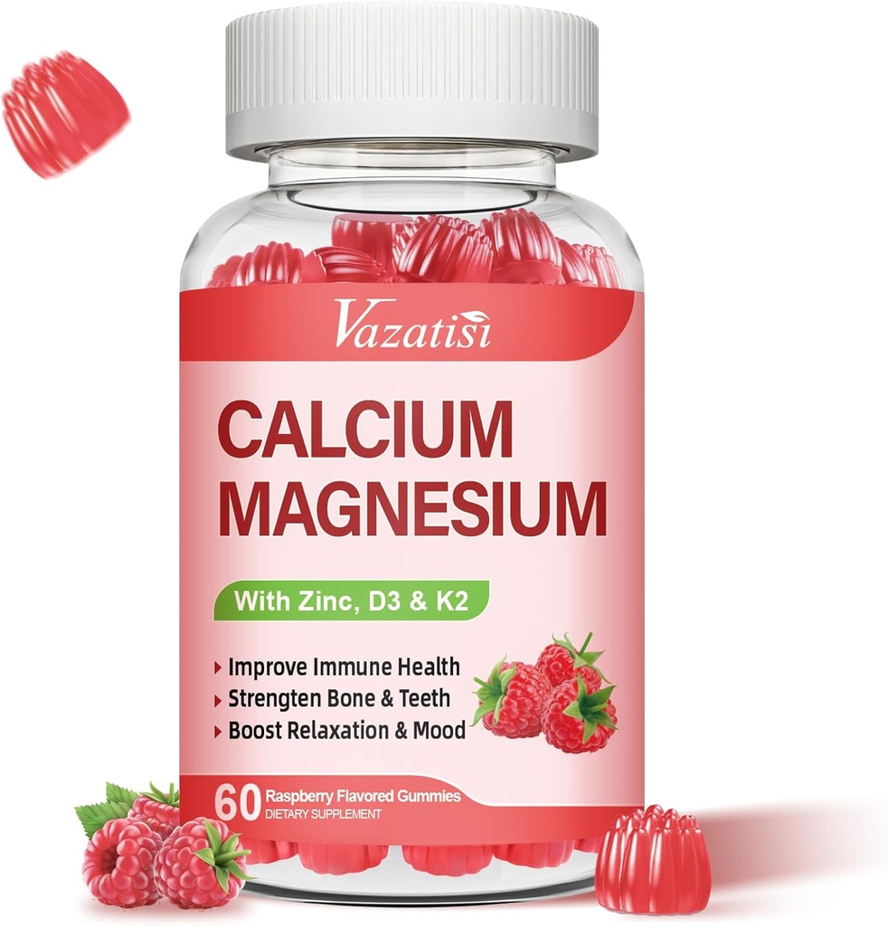 Calcio Magnesio Zinc Gummies con vitamina D3 & K2, Gran Absorción Magnesio Glycinate Potasio para Immune y Calm Mood, Raspberry Flavor 60 Gummies