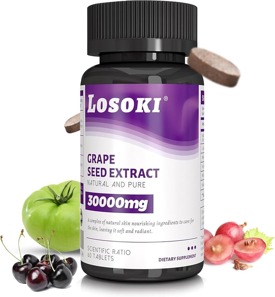 Suplemento de Nutrición de la piel de Losoki - Infundido con extracto de semilla de uva y vitamina C - 60 tabletas