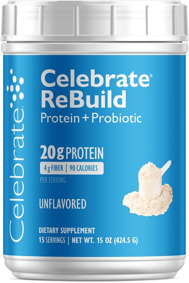 Celebrar vitaminas Rebuild pólvora de proteína con probióticos " Prebióticos - 20g Whey Isolate Proteína, fibra alta, para pacientes de cirugía post-bátrica - Desarmados (15 Servimientos)