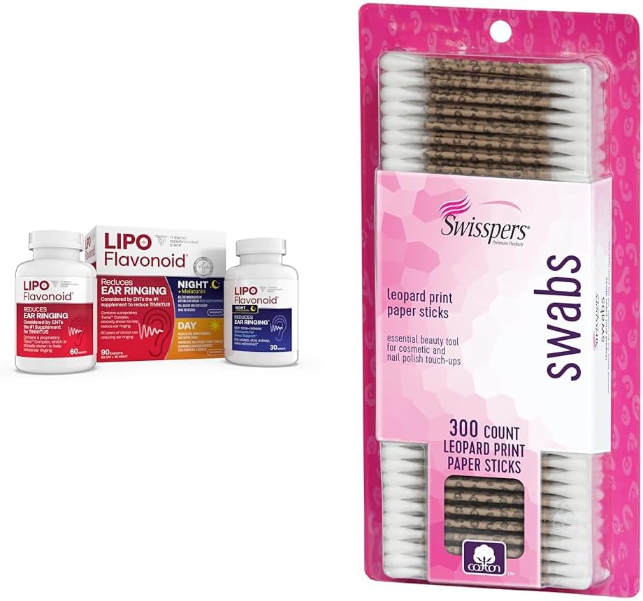 Lipo-Flavonoid Day & Night Tinnitus Relief Combo Kit with Vitamins, 90 Caplets & Swisspers Premium Cotton Swabs, 300 Count