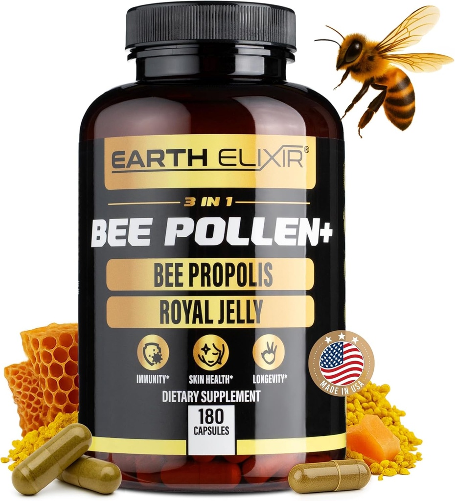 Earth Elixir 3-in-1 Organic Bee Pollen Capsule – Non-GMO, Pure Raw Bee Pollen, Royal Jelly, Propolis Extract for Women &amp; Men – Natural Energy, Immune & Vitality Support – 180 Propolis Capsules