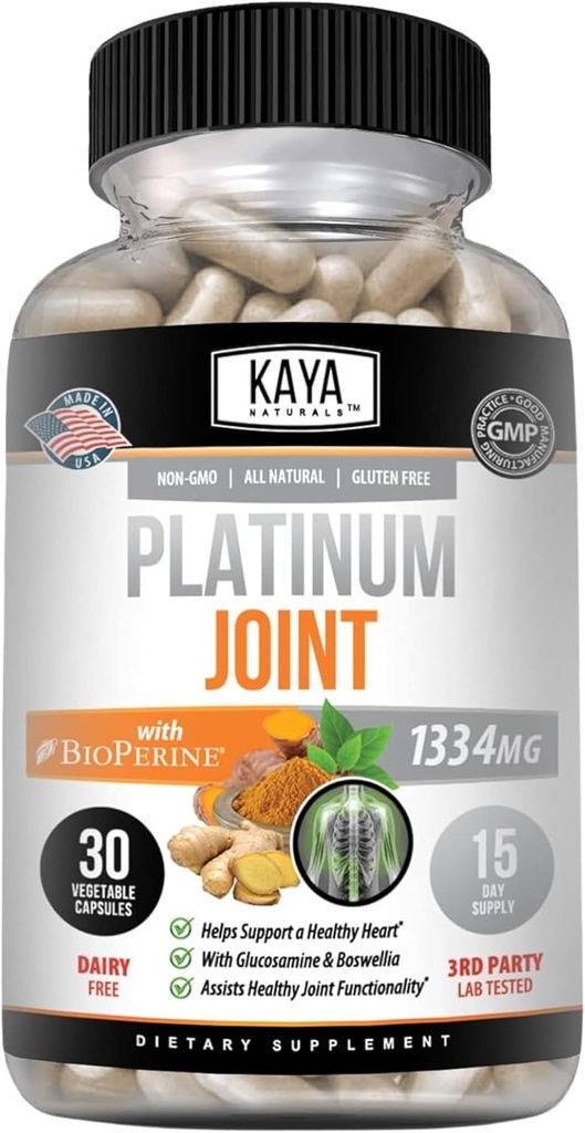 Kaya Naturals Platinum Mobility Turmeric - Bioperine, Glucosamine, Turmeric con Boswellia, Healthy Natural Mobility Support, Turmeric Curcumin 1334mg - 30 Capsules