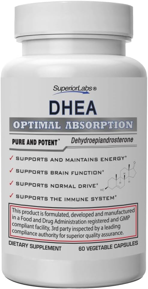 Laboratorios Superiores – DHEA Extra Strength Natural – No GMO 100 mg Dose, 60 cápsulas vegetales – promueve el envejecimiento saludable en hombres y mujeres – ayuda a reincorporar niveles de energía juvenil
