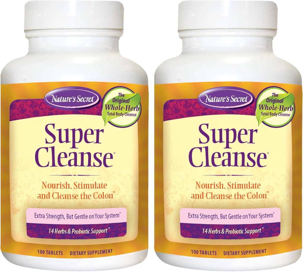 Naturaleza Secreto Super Cleanse Extra Strength Toxin Detox " Gentle Elimination Body Cleanse, Digestive " Colon Health Support - Stimulating Blend of 14 Herbs with Probiotics - 100 Tablets (Pack of 2)