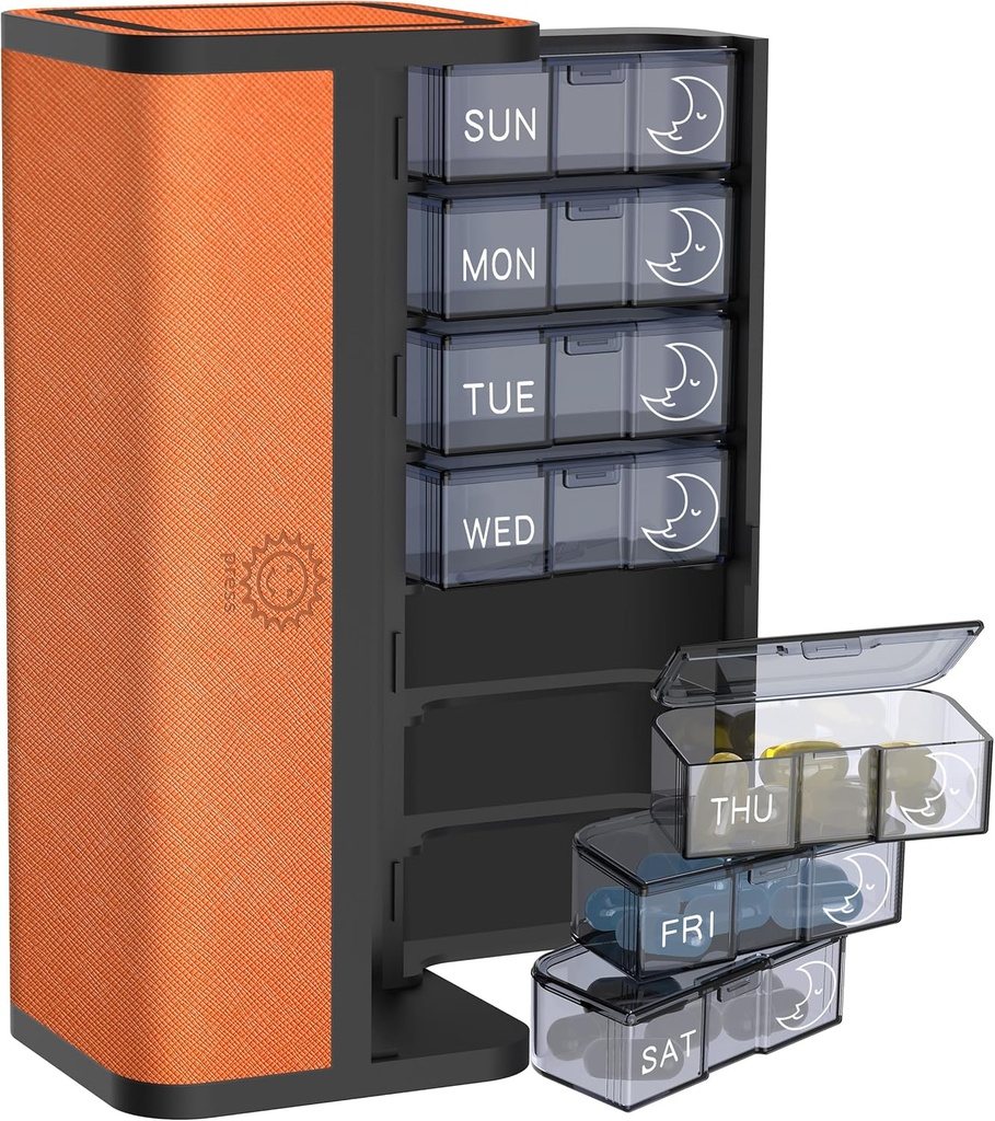 7-Day AM/PM Pill Organizer with Scratch-Resistant Leather Case - Portable Weekly Travel Medicine Box with Detachable Daily Pods & Privacy Design (Bright Orange)