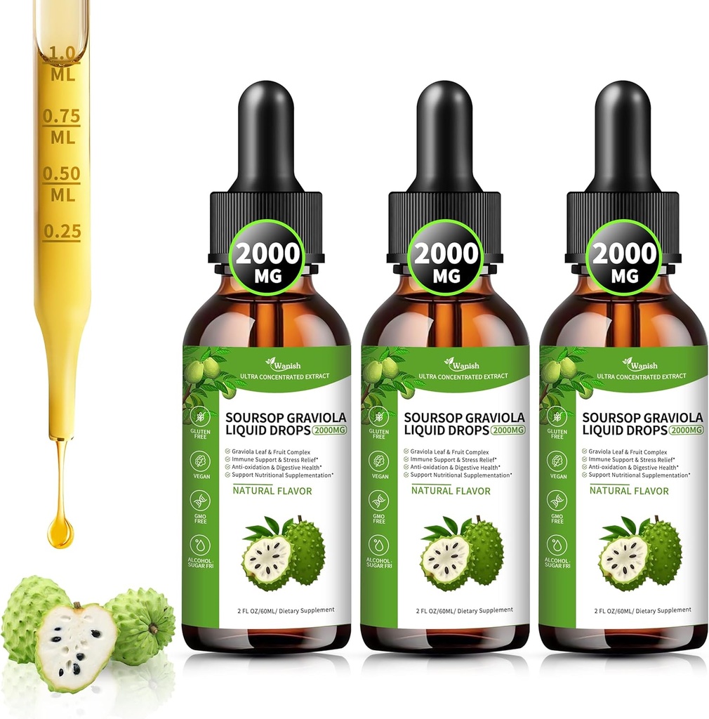 (3 Pack)Soursop Graviola Liquid Drops 2000mg, 98% Absorption Soursop Bitters Liquid for Cell Support " Regeneración, Immune Boost, Liver, Herbal Goodness, Sugar/Gluten Free, Natural Flavor, 6 Fl Oz