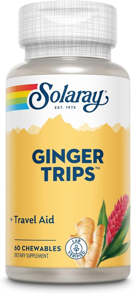 SOLARAY Viajes de jengibre Ayuda de viaje TENIDO Extracto TENIDO Apoyo Digestivo saludable w/Honey, Stevia &amp; Molasses TEN 60 Chewables