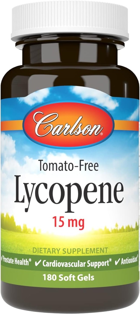 Carlson - Lycopene, 15 mg, Tomato-Free, Asistencia para la circulación de la salud de próstata, Bienestar óptimo, 180 Softgels
