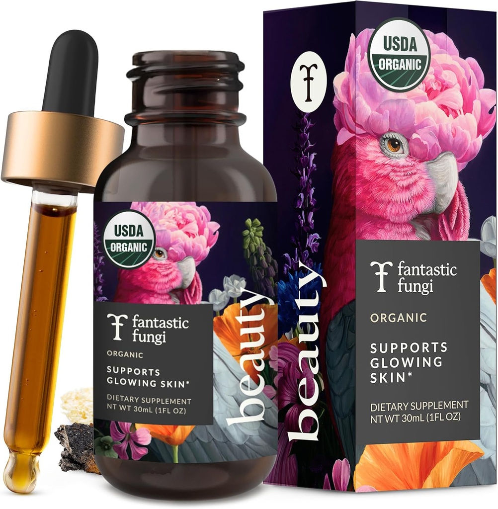 Fantástico Fungi Beauty Elixir con Tremella Mushroom Extract, Chaga Mushroom Extract, Horsetail &amp; Acerola - Organic Drops for Healthy Hair, Skin & Nails - Formulado en USA - 30 Servings, 1 fl oz