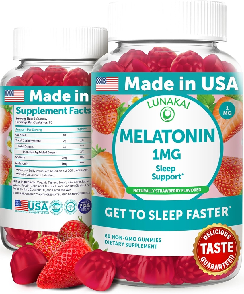Lunakai USA Hecho bajo dosis Melatonin Gummies 1mg - Gentle Sleep Aid for Adults &amp; Kids - Non-GMO, Vegan, Gluten-Free - 60 Conde