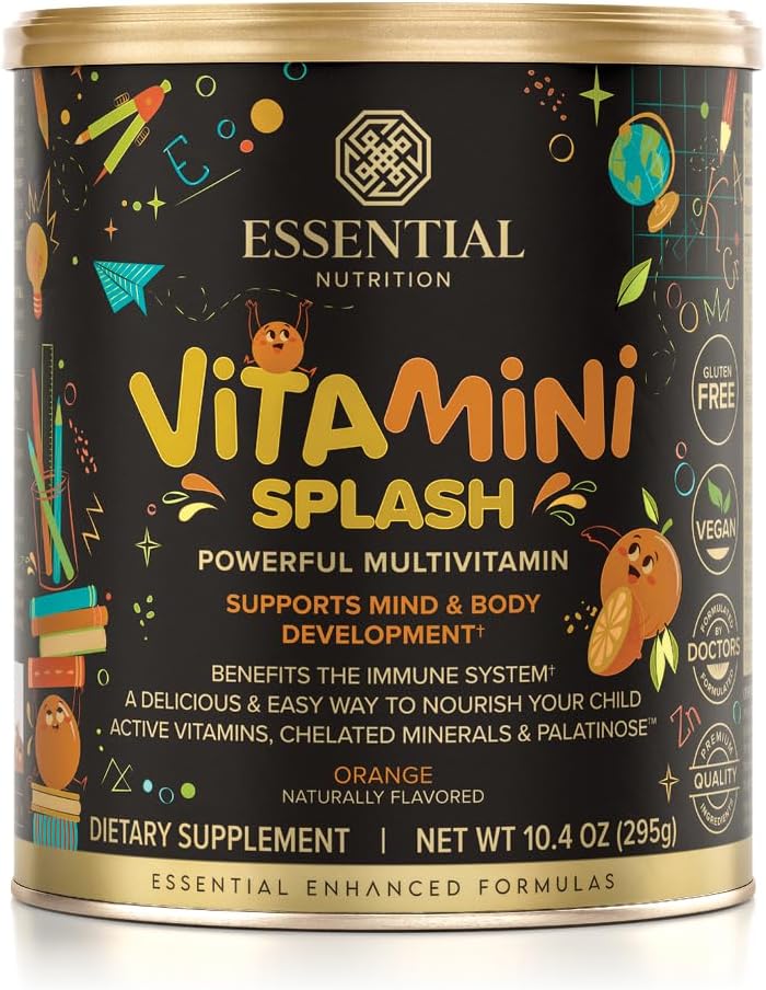Esencial Nutrición Vitamini Splash - Pólvora multivitamina para niños - Soporte nutricional - 13 Vitaminas activas &amp; 6 Minerales Chelated, fibra prebiótica - sabor a naranja - (10.4 oz) - Vegan