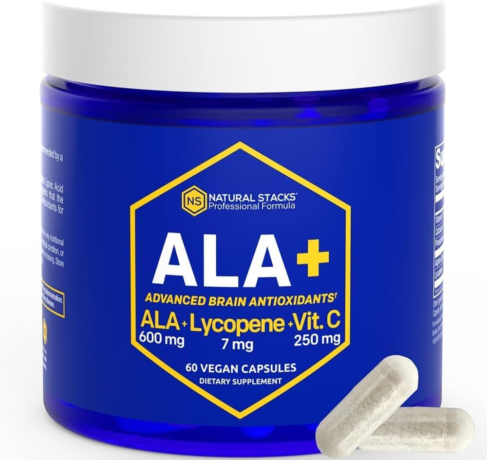 NATURAL STACKS Alpha Lipoic Acid 600mg w/Lycopene y Vitamina C - Suplemento para la función celular de inmunidad - Suplemento para la salud cerebral