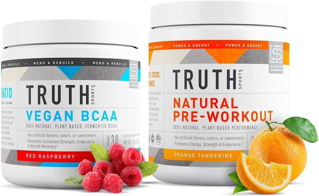 Verdad Nutrición Natural Athlete Workout Stack - Preworkout Natural (Orange Tangerine) + Vegan BCAA (Red Raspberry)