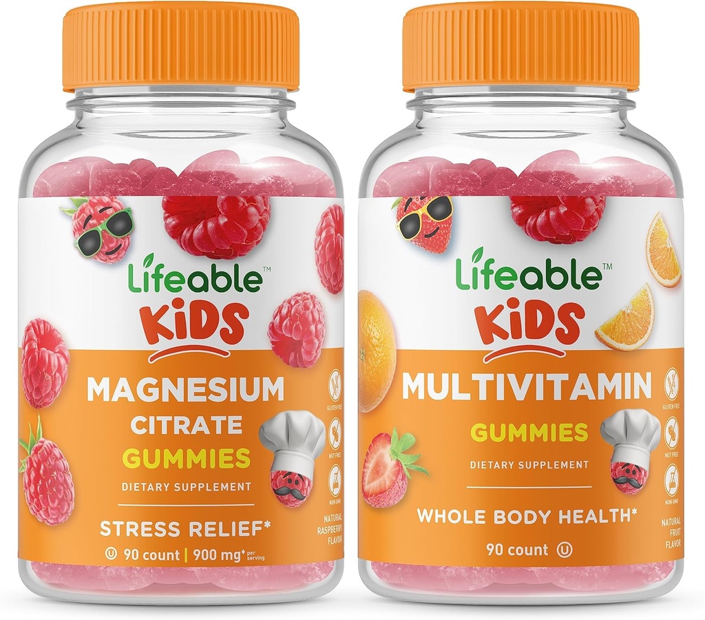 Niños de Magnesio Lifeable + niños multivitamínicos, Gummies Bundle - Gran Tasting, Suplemento de Vitamina, Gluten Gratis, GMO Gratis, Chewable Gummy