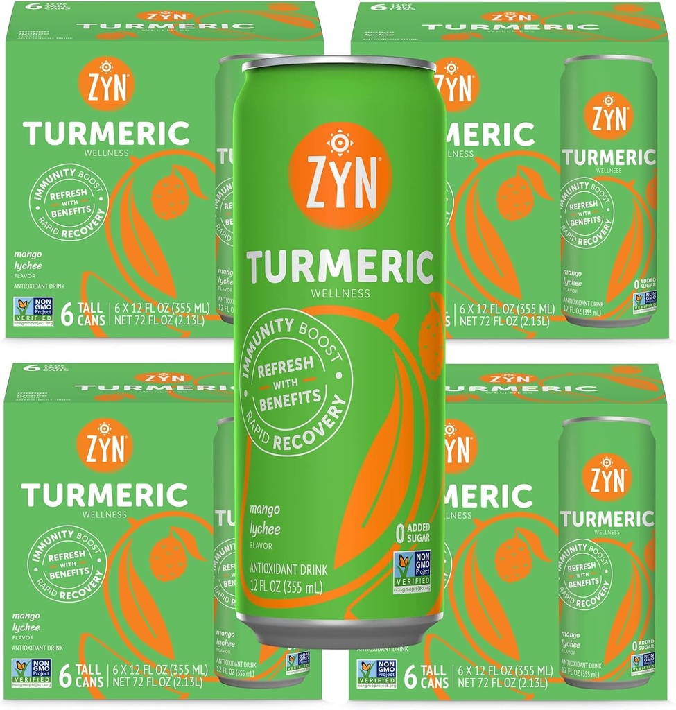 ZYN Turmeric Wellness Drink (24 Pack), Mango Lychee Flavored Turmeric Curcumin Drink with Black Pepper, No Añadido Sugar, Low Carb & Low Calorie Drink, Clean Alternative