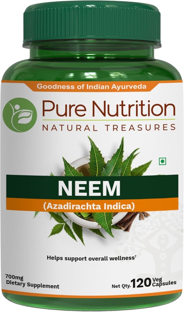 Nutrición Pura Neem Capsules 700mg. (Equivalente a 2600mg Neem Leaf Powder y Bark Powder) No GMO Silencio Una vez Daily ← 120 Days Supply.