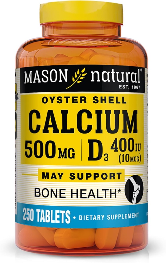 Calcio NATURAL MASON 500 mg con vitamina D3 para soportar la función normal del hueso y el músculo, 250 tabletas