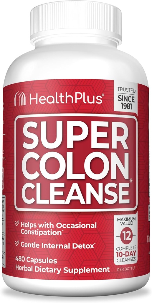 Health Plus Super Colon Cleanse 120 Day Supply of Gentle Gut Cleanse Detox, Psyllium Husk, Probiotics for Constipation Relief " Digestive Support, 480 Capsules