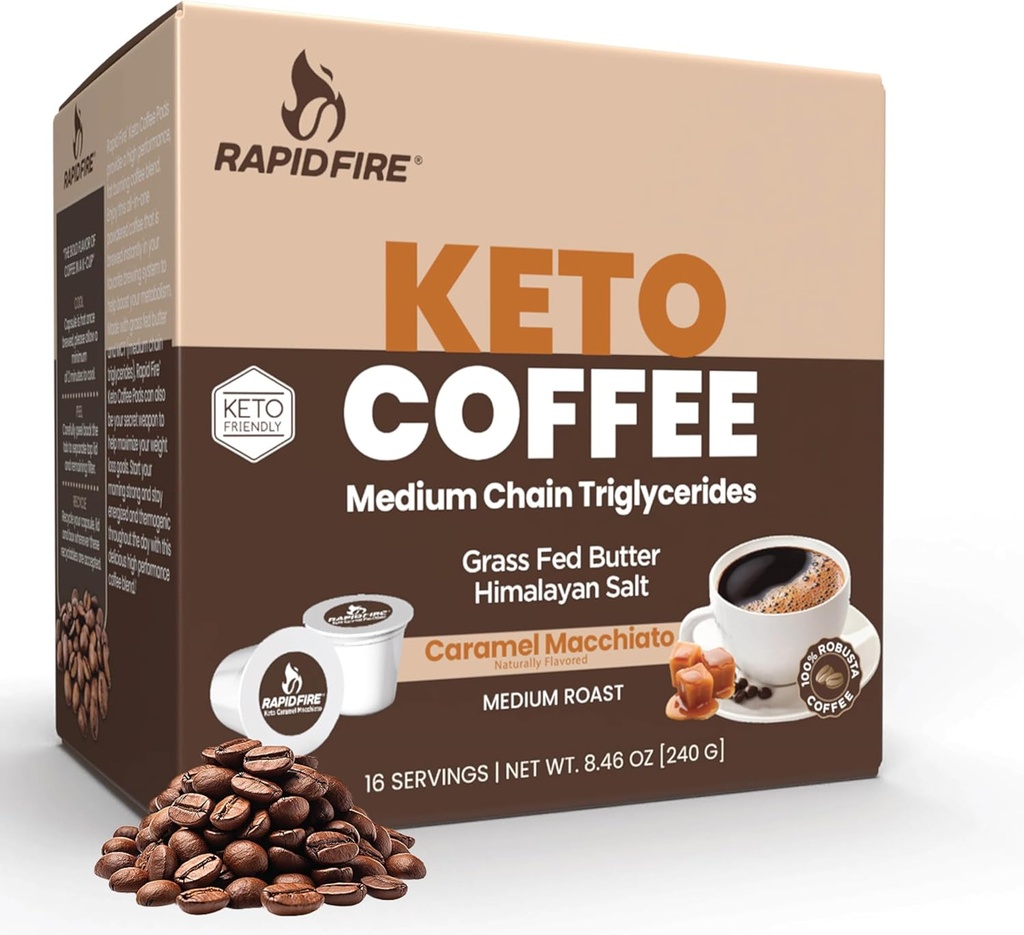 Rapidfire Caramel Macchiato Ketogenic High Performance Keto Coffee Pods, Supports Energy & Metabolism, Weight Management, Single Serve K Cup, Brown, 16 Count