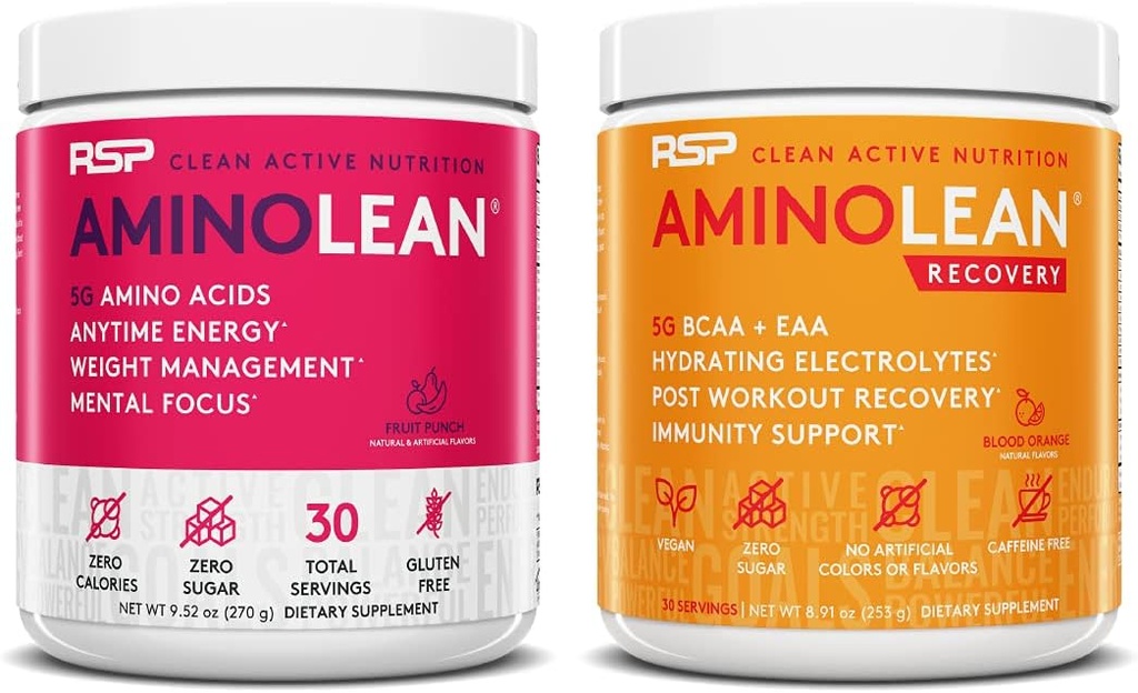 RSP NUTRITION AminoLean Pre Workout Energy (Fruit Punch 30 Servings) con AminoLean Recovery Post Workout Boost (Blood Orange 30 Servimientos)