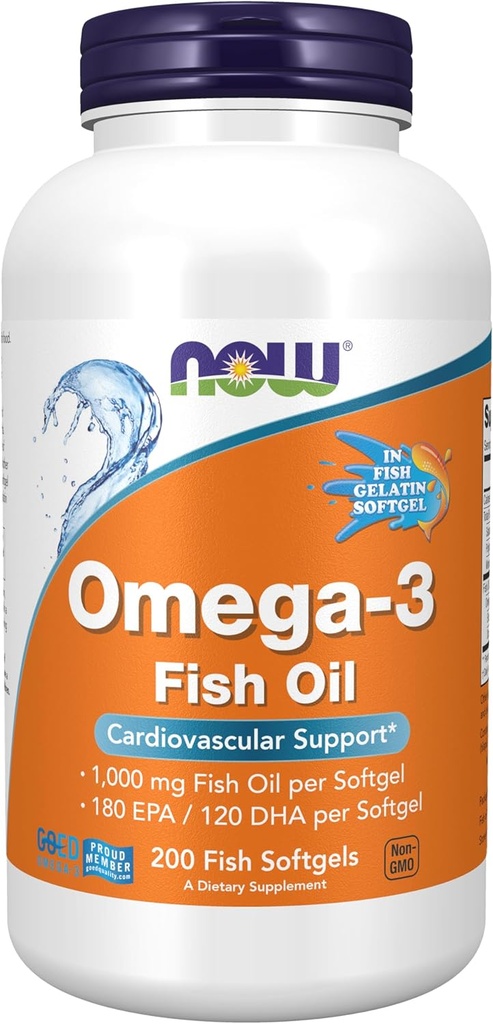 AHORA Suplementos de alimentos, Omega-3 180 EPA / 120 DHA, Molecularmente Destilado, Cardiovascular Support*, 200-Fish Gelatin Softgels, el paquete puede variar