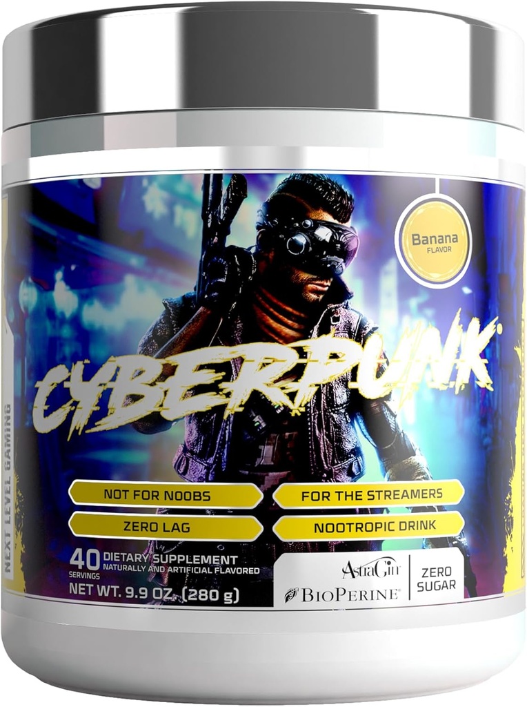CYBERPUNK Gaming Powder Suplemento ← Energía " Focus Nootropic Drink " ¦ Adaptogen Fórmula + Vitaminas " Minerals  durable Ingredients Naturales ← 40 Servings (Banana)
