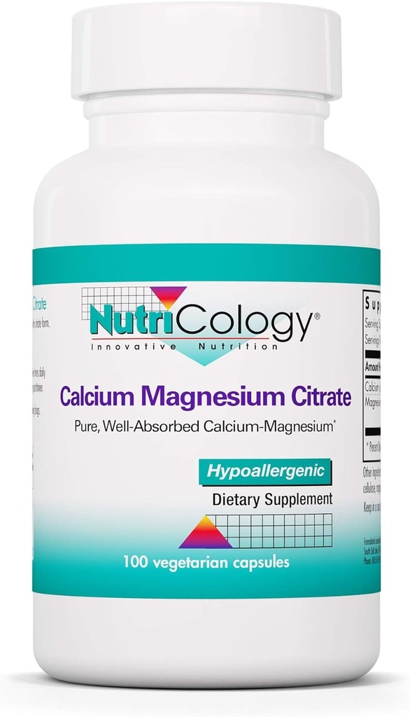 Nutricología Calcio Magnesio Citrate Suplemento - Bone Health, con Calcio Citrate, Puro, Well-Absorbed, Vegetarian Capsules - 100 Conde