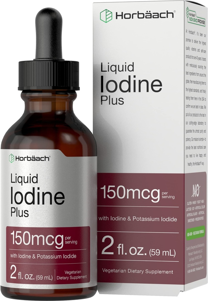 Horbäach Iodine Liquid Drops TENIDO 2 fl oz ANTE 150 mcg TEN Iodine ' Potassium Iodide Liquid Tincture ANTE Vegetarian, Non-GMO, Gluten Free Supplement