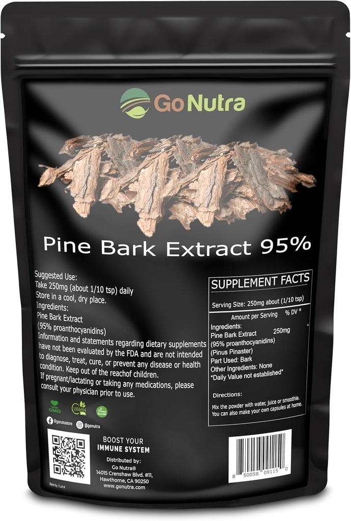 Go Nutra Pine Bark Extract Powder Estándarizado 95% Proanthocyanidins Pine Bark Powder Suplemento 8oz.