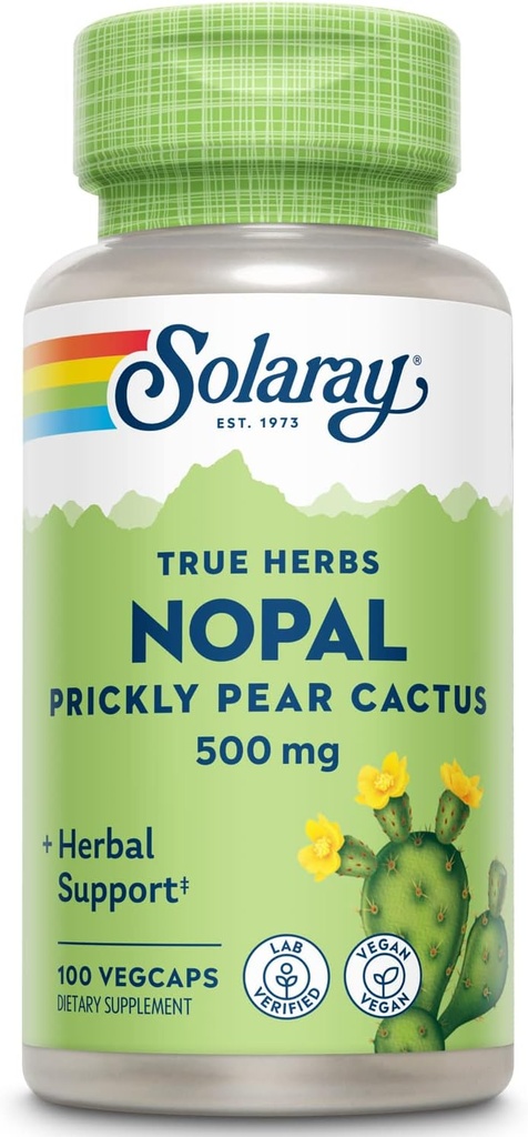 SOLARAY Nopal Prickly Pear Cactus 500 mg, con Fibra dietética, antioxidantes, carotenoides y otros nutrientes, Vegan, Garantía de devolución de dinero de 60 días, 100 servidos, 100 VegCaps