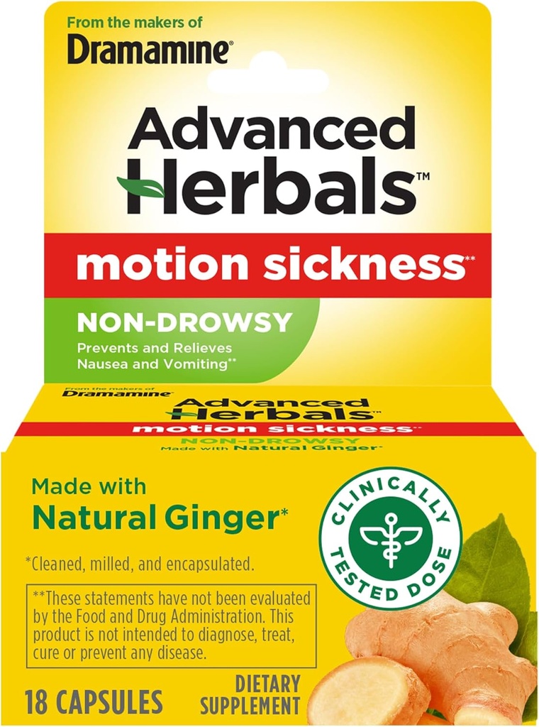 De los creadores de Dramamina, Herbals avanzados, No-Drowsy, Motion Sickness Relief, Made with Natural Ginger, 18 Conde