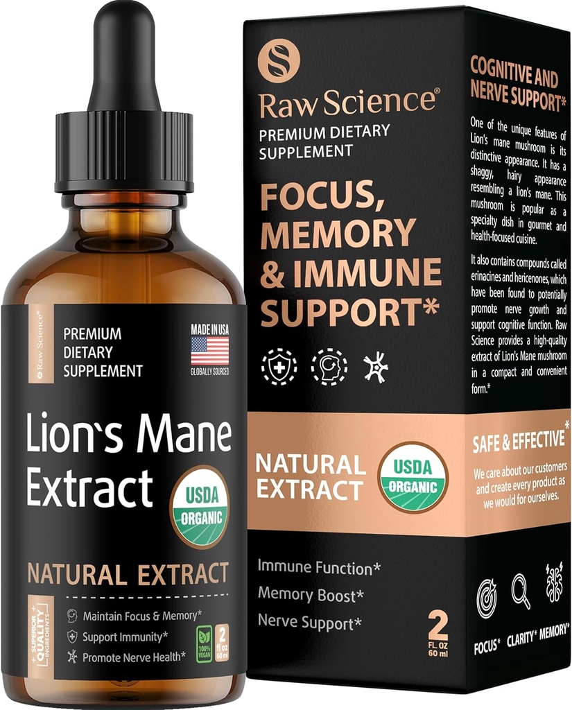 Orgánica León Mane Suplemento Extracto - Líquido Nootropics Brain Support Suplemento - Lion Mane for Enhanced Mental Focus &amp; Clarity - Lion's Mane Liquid - Nootropic Mushroom Suplemento - Vegan, 2 fl oz