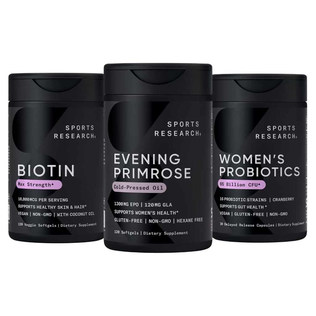 Suplemento Primrose de investigación deportiva de aceite prensado frío, biotina vegana 10.000 mg con aceite de coco " Probióticos de mujeres con prebióticos, 65 millones CFU