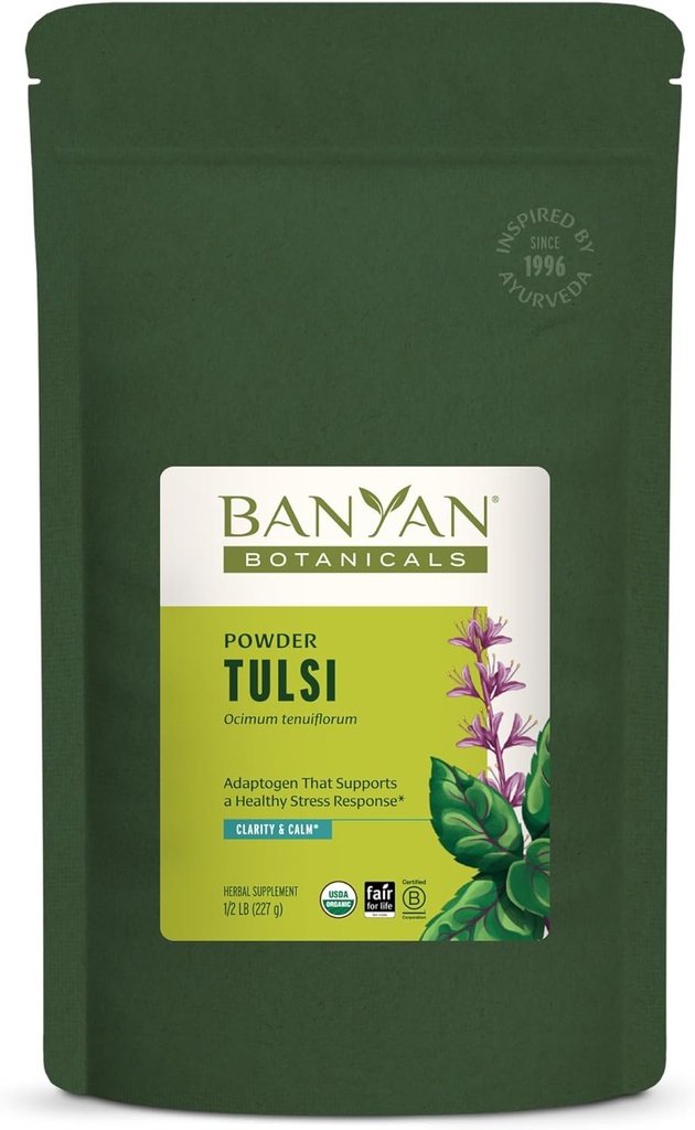 Banyan Botanicals Tulsi Powder – Organic Tulsi – Holy Basil (Ocimum Sactum) – Ayurvedic Adaptogen for Healthy Lung Function and Peaceful Well-Being and * – 1⁄2 lb. – Non-GMO Sustentably Sourced Vegan