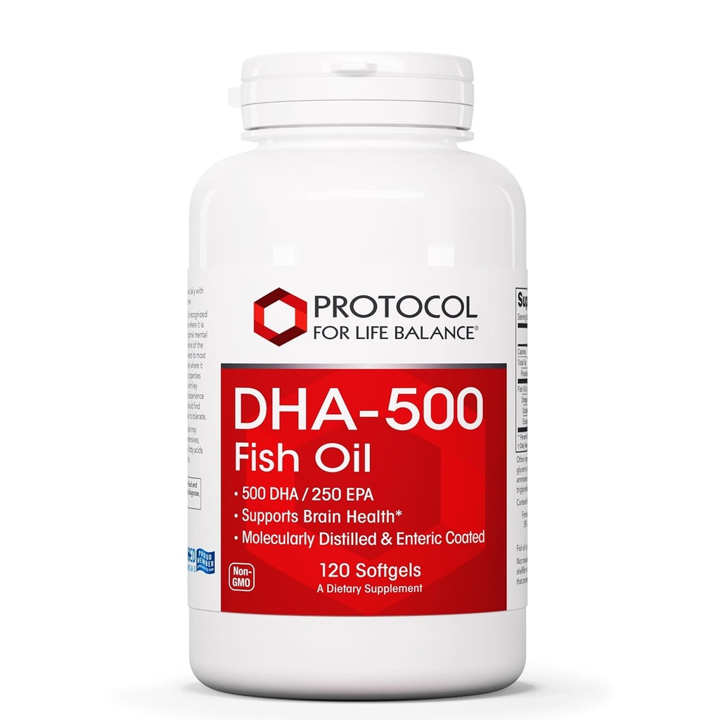 PROTOCOLO PARA LA BALANCE DE VIDA DHA-500 - DHA 500mg &amp; EPA 250mg - Suplemento de aceite de pescado - Salud cerebral &amp; soporte - Digestión fácil - No GMO &amp; Halal - 120 Softgels