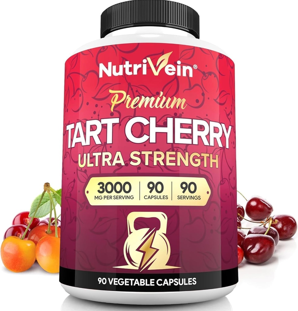 Nutrivein Premium Tart Cherry Capsules 3000mg: Ultra Strength Tart Cherry Extracto Suplemento para la recuperación post-atlética, Detox, Rest, " Movilidad